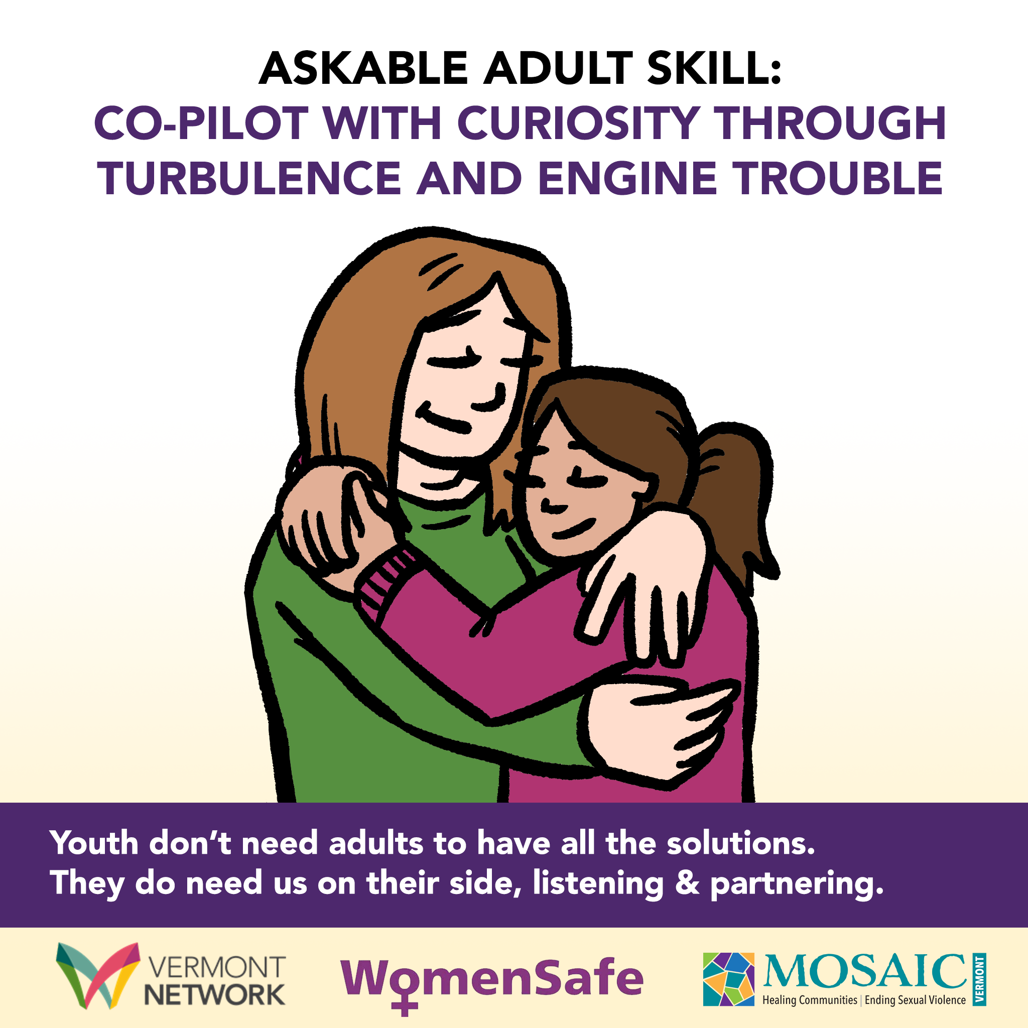 Illustration of two smiling people hugging - one an adult with long hair, the other a youth with a ponytail. Header says "Askable Adult Skill: Co-pilot with curiosity through turbulence and engine trouble". Additional text says "Youth don't need adults to have all the solutions. They do need us on their side, listening and partnering."